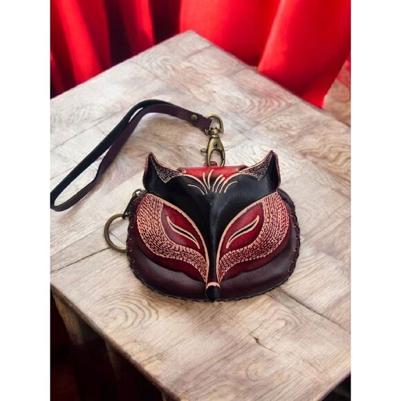 New Red Brown Genuine Leather Handmade Fox Coin Purse Wristlet Key Case - Picture 1 of 4